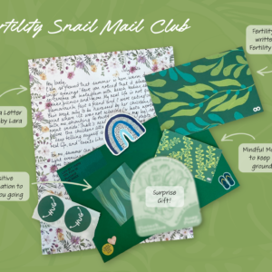 Overview of Snail Mail Each snail mail piece is individually spread out, featuring a handwritten letter, a nourishing recipe, a mindful moment card, a positive affirmation card, a suprise gift, and a beautiful green envelope.