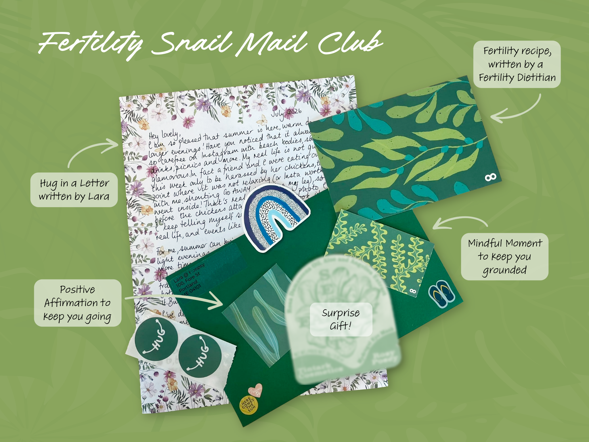 Overview of Snail Mail Each snail mail piece is individually spread out, featuring a handwritten letter, a nourishing recipe, a mindful moment card, a positive affirmation card, a suprise gift, and a beautiful green envelope.