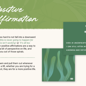 Positive Affirmation Two square green cards, front and back, with a simple plant design containing an affirmation