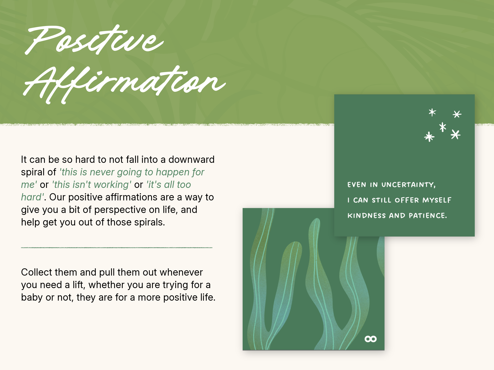 Positive Affirmation Two square green cards, front and back, with a simple plant design containing an affirmation