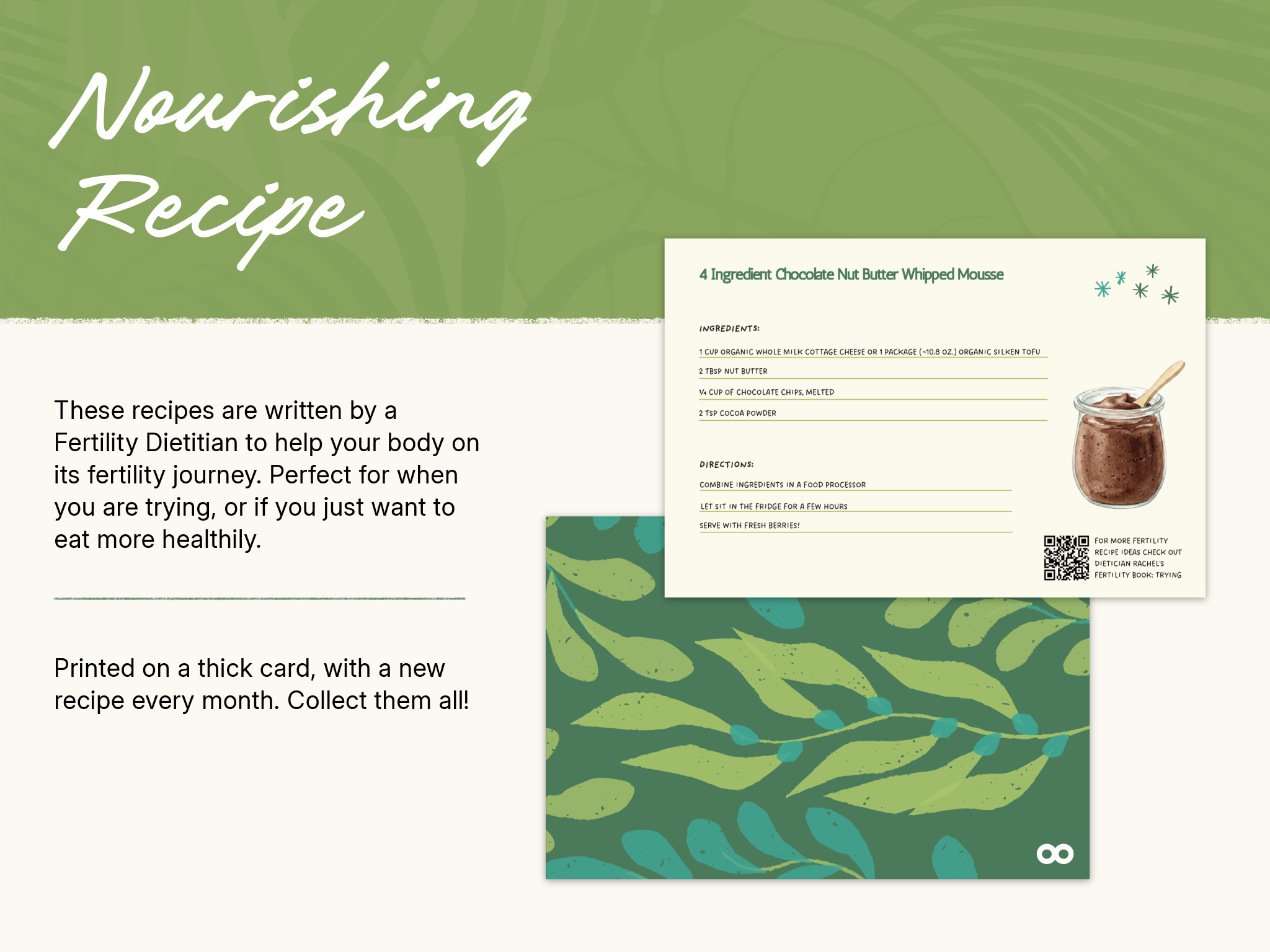 Nourishing Recipe Card Front and back of a card with a nourishing fertility recipe written on it