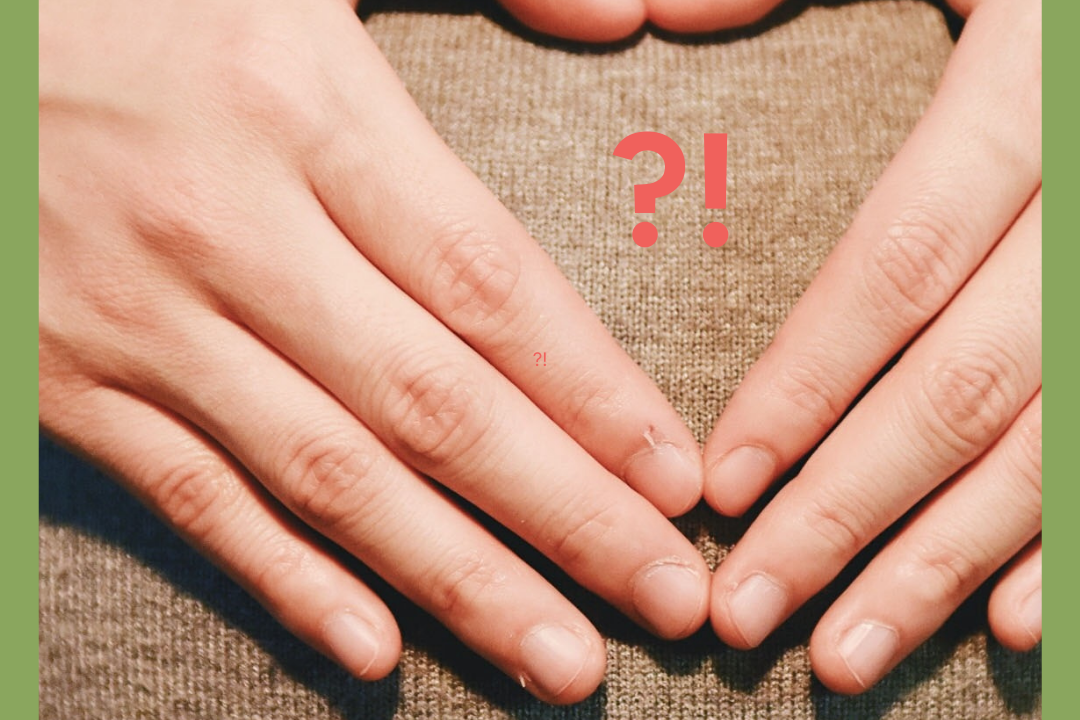 hands on enlarged stomach with question mark in the middle