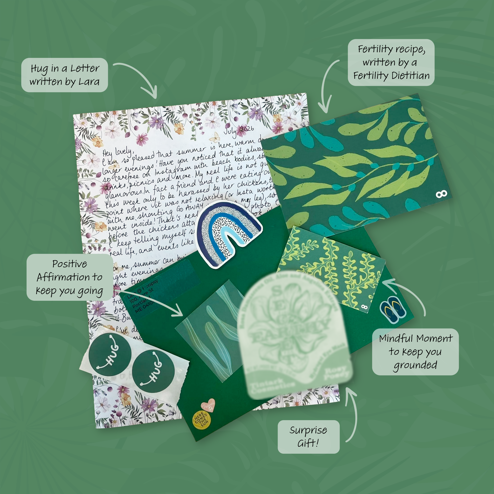 Everything inside of the fertility snail mail spread out on a dark green background, including a heartfelt letter, a nourishing fertility recipe, a mindful moment card, a positive affirmation, and a surprise gift